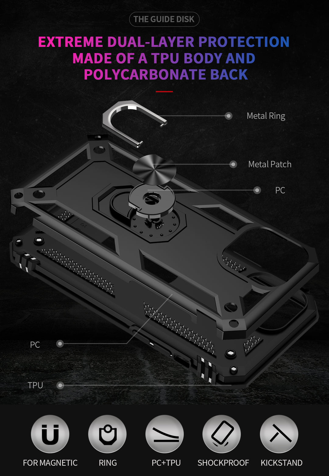 Tech Armor Ring Stand Grip Case with Metal Plate, 360° Kickstand for Apple iPhone 13 Pro Max (6.7)