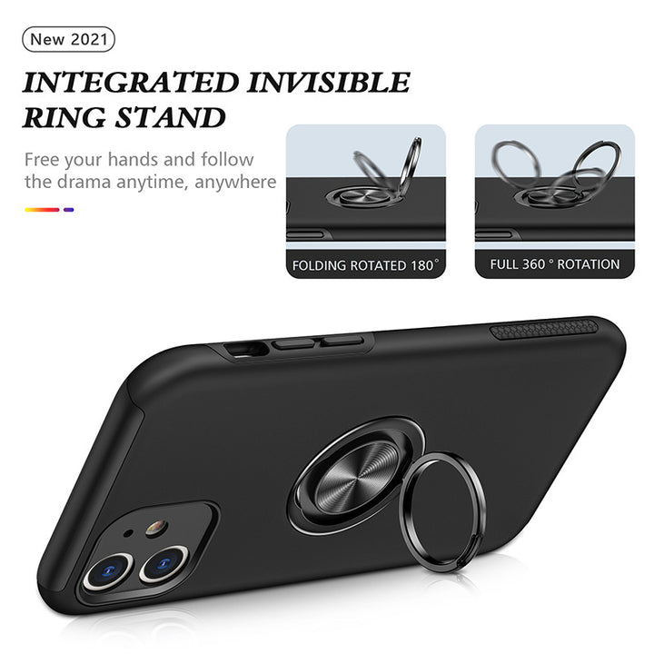 Glossy Dual Layer Armor Hybrid Stand Case with Metal Plate and Flat Ring - Shockproof, Anti-Scratch for Apple iPhone 11