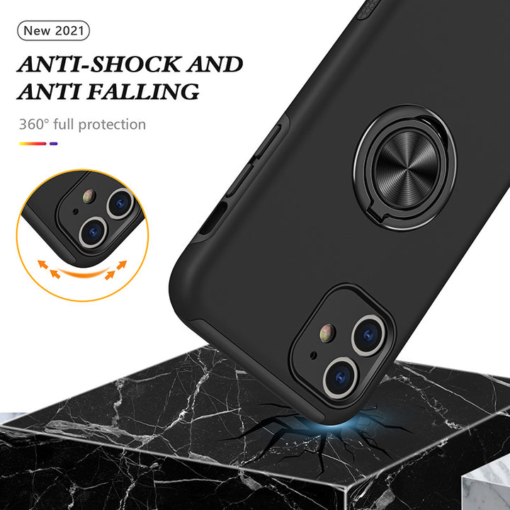 Glossy Dual Layer Armor Hybrid Stand Case with Metal Plate and Flat Ring - Shockproof, Anti-Scratch for Apple iPhone 11