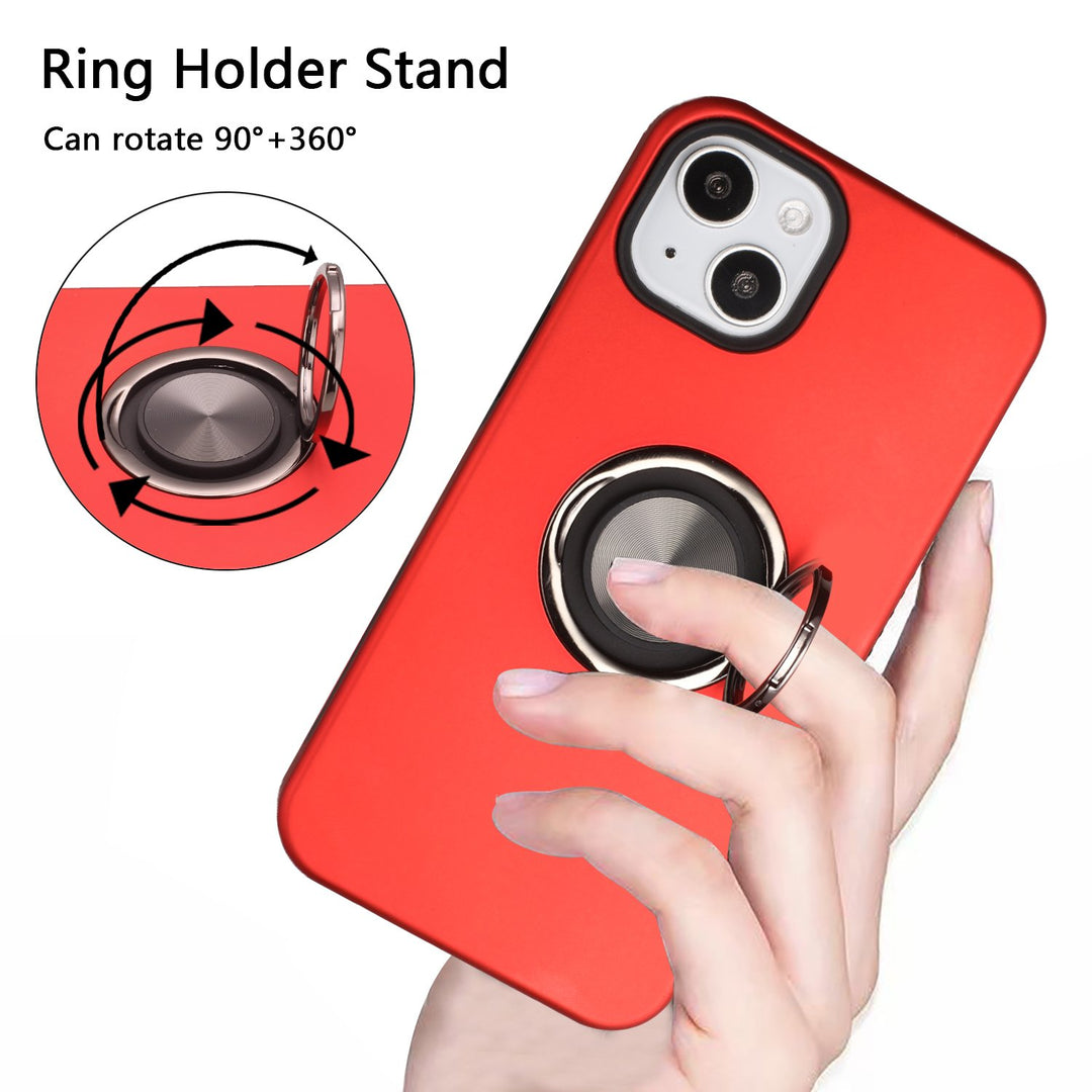 Glossy Dual Layer Armor Hybrid Stand Metal Plate Flat Ring Case - Shockproof, Lightweight & Rugged for Apple iPhone 13 [6.1]