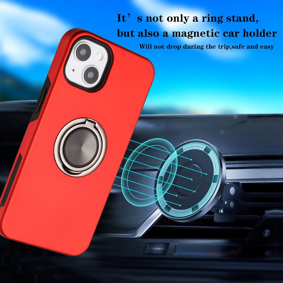 Glossy Dual Layer Armor Hybrid Stand Metal Plate Flat Ring Case - Shockproof, Lightweight & Rugged for Apple iPhone 13 [6.1]