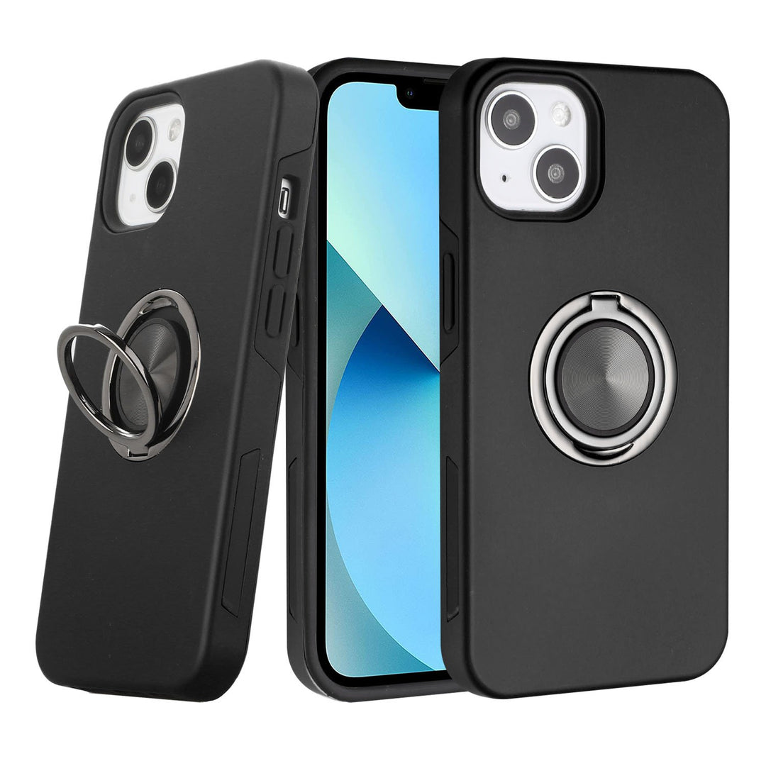 Glossy Dual Layer Armor Hybrid Stand Metal Plate Flat Ring Case - Shockproof, Lightweight & Rugged for Apple iPhone 13 [6.1]