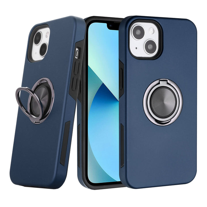 Glossy Dual Layer Armor Hybrid Stand Metal Plate Flat Ring Case - Shockproof, Lightweight & Rugged for Apple iPhone 13 [6.1]