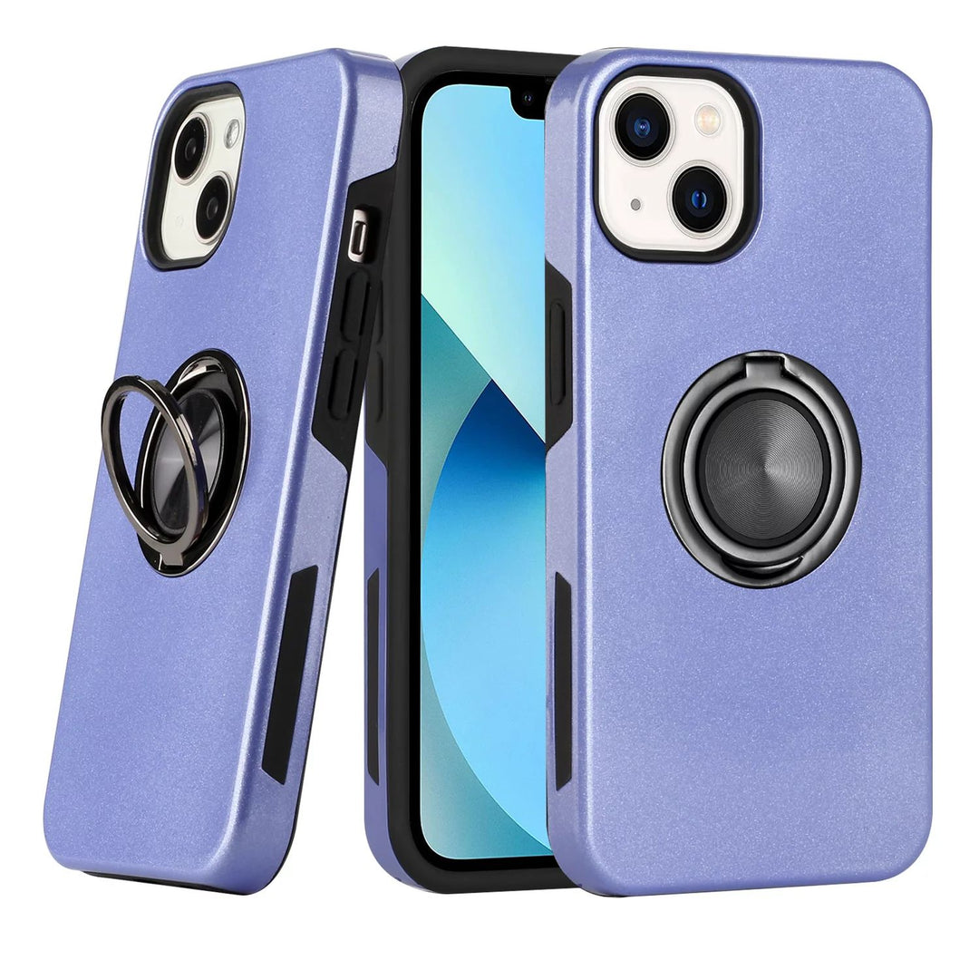 Glossy Dual Layer Armor Hybrid Stand Metal Plate Flat Ring Case - Shockproof, Lightweight & Rugged for Apple iPhone 13 [6.1]