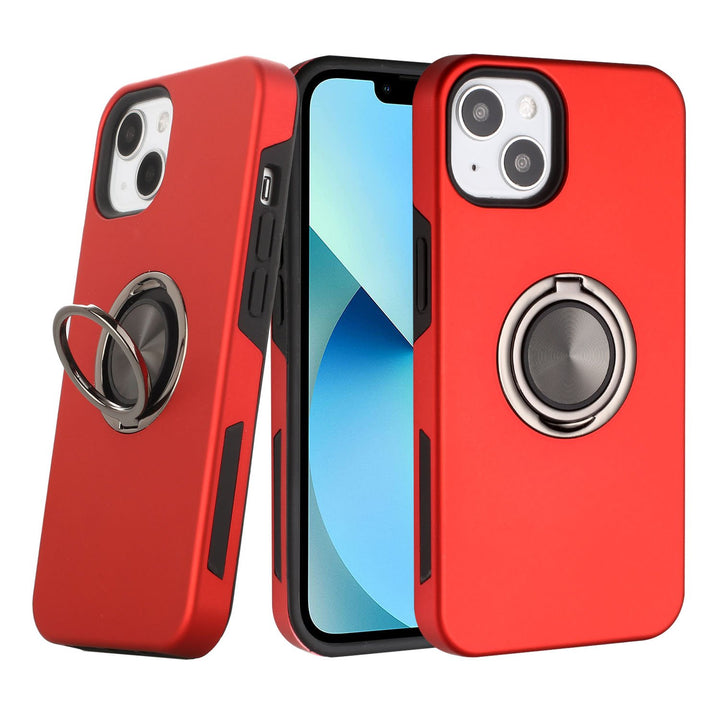 Glossy Dual Layer Armor Hybrid Stand Metal Plate Flat Ring Case - Shockproof, Lightweight & Rugged for Apple iPhone 13 [6.1]