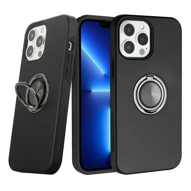 Glossy Dual Layer Armor Hybrid Stand Metal Plate Flat Ring Case with Shockproof Protection for Apple iPhone 13 Pro Max