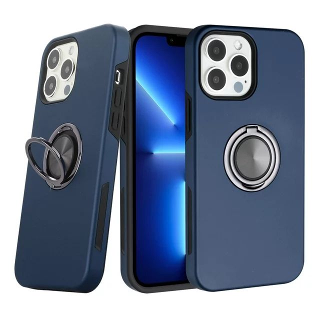 Glossy Dual Layer Armor Hybrid Stand Metal Plate Flat Ring Case with Shockproof Protection for Apple iPhone 13 Pro Max