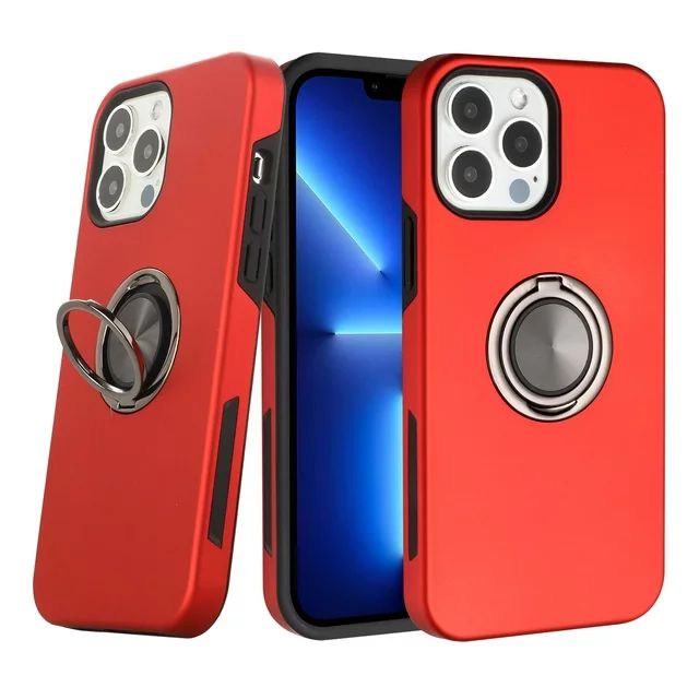 Glossy Dual Layer Armor Hybrid Stand Metal Plate Flat Ring Case with Shockproof Protection for Apple iPhone 13 Pro Max