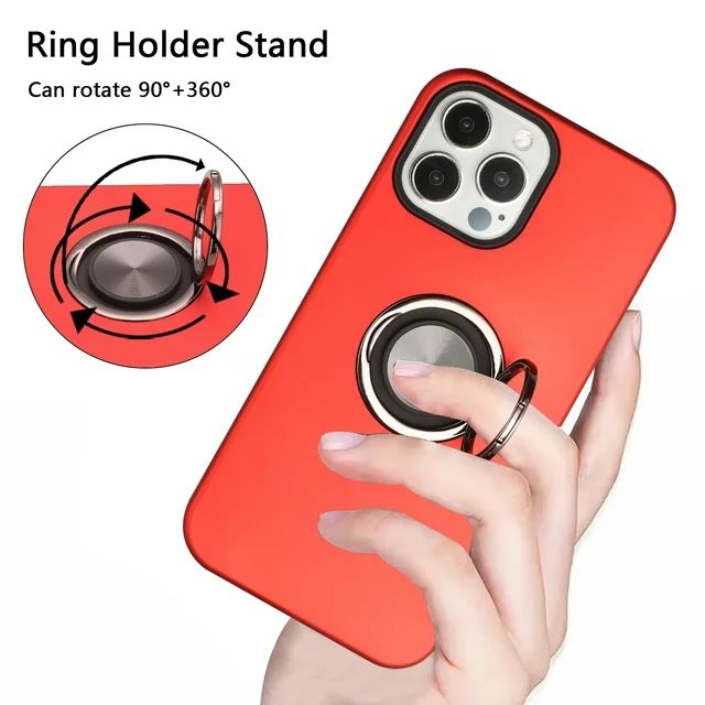 Glossy Dual Layer Armor Hybrid Stand Metal Plate Flat Ring Case with Shockproof Protection for Apple iPhone 13 Pro Max