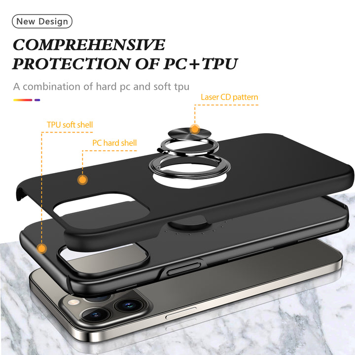 Glossy Dual-Layer Armor Hybrid Stand Case with Ring Holder for Apple iPhone 14 [6.1]