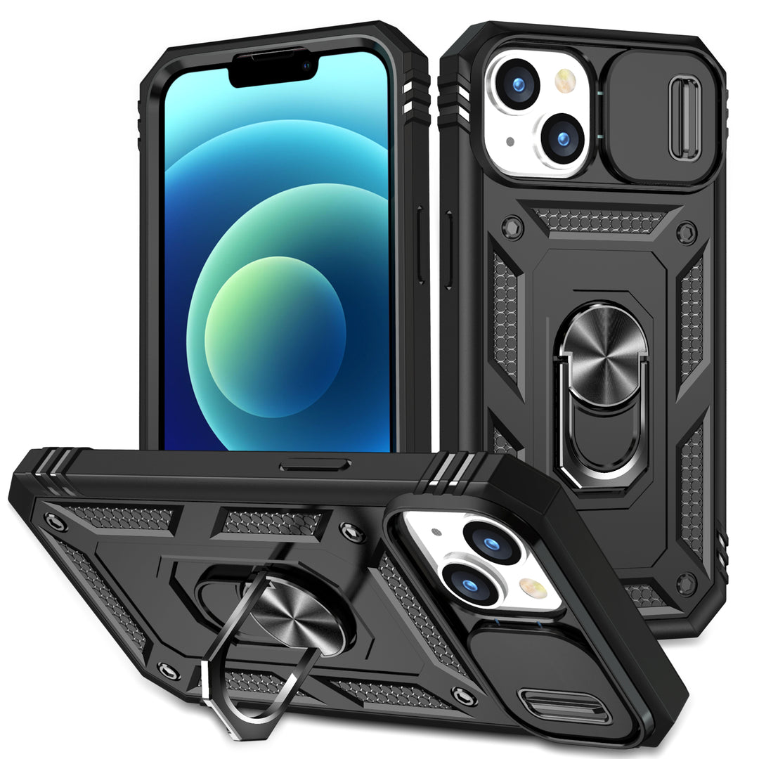 Heavy Duty Tech Armor Ring Stand Case with Lens Cover for iPhone 14 [6.1]