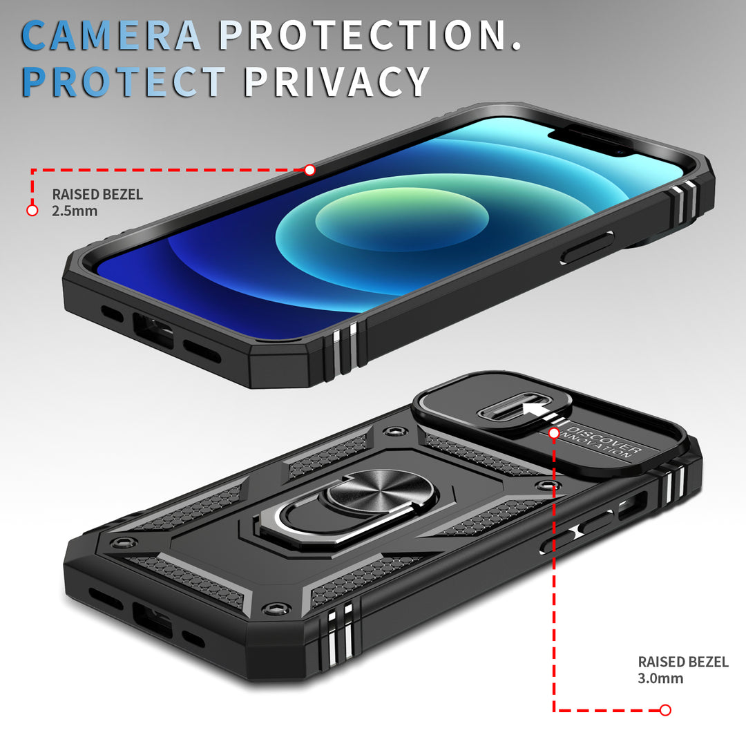 Heavy Duty Tech Armor Ring Stand Case with Lens Cover for iPhone 14 [6.1]