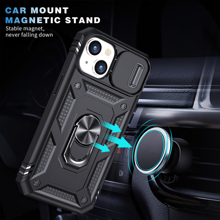 Heavy Duty Tech Armor Ring Stand Case with Lens Cover for iPhone 14 [6.1]