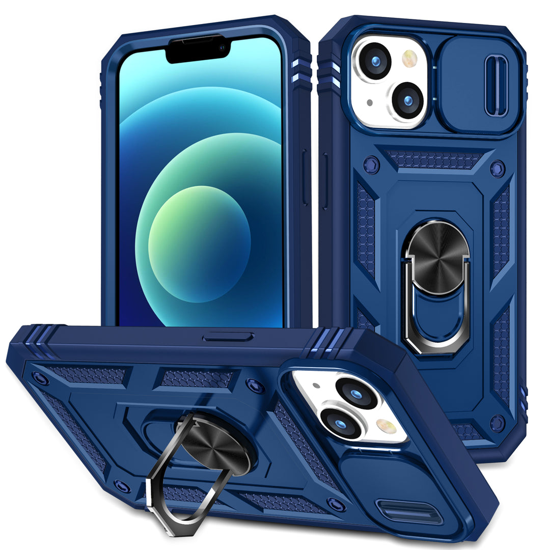 Heavy Duty Tech Armor Ring Stand Case with Lens Cover for iPhone 14 [6.1]