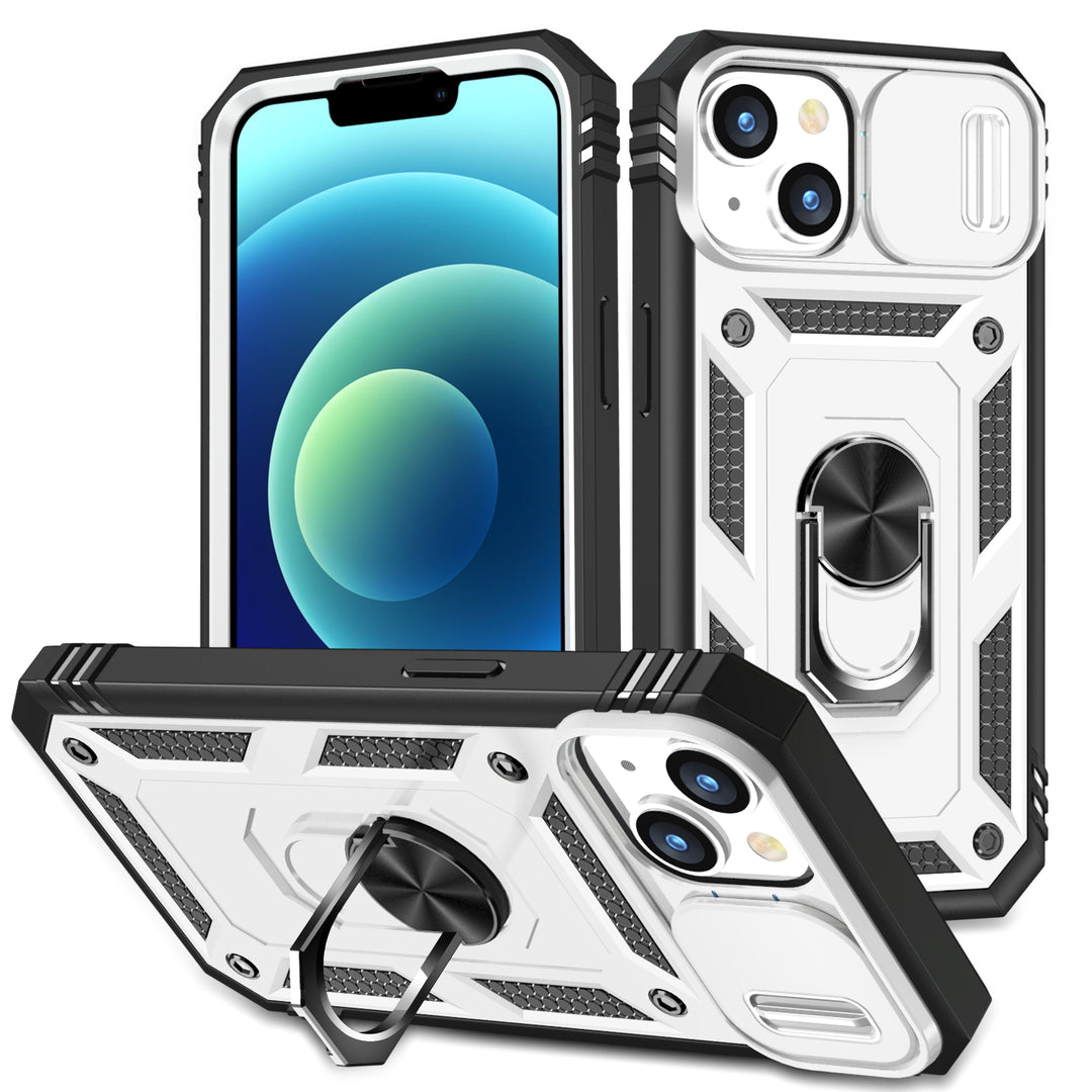 Heavy Duty Tech Armor Ring Stand Case with Lens Cover for iPhone 14 [6.1]