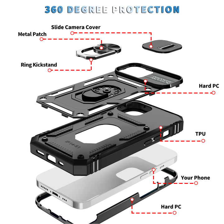 Rugged Armor Ring Stand Case with Lens Cover for iPhone 14 Plus [6.7]