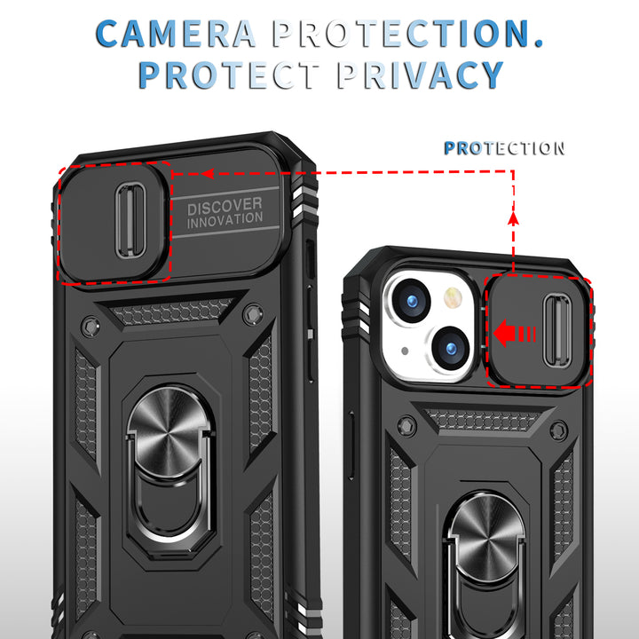 Rugged Armor Ring Stand Case with Lens Cover for iPhone 14 Plus [6.7]