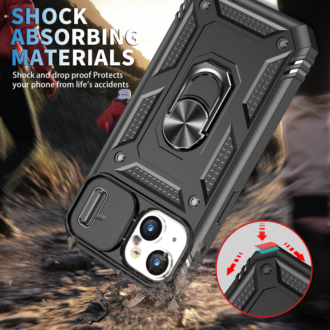 Rugged Armor Ring Stand Case with Lens Cover for iPhone 14 Plus [6.7]