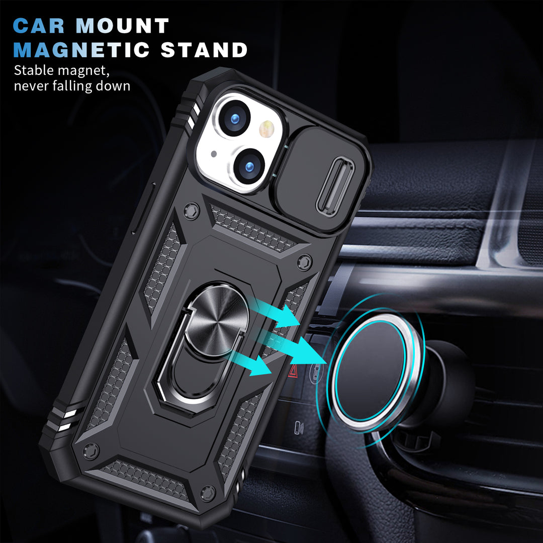 Rugged Armor Ring Stand Case with Lens Cover for iPhone 14 Plus [6.7]