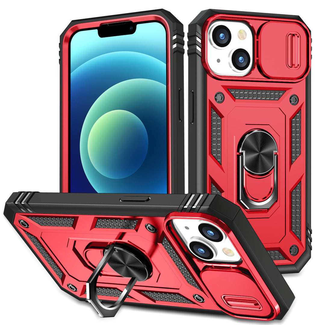 Rugged Armor Ring Stand Case with Lens Cover for iPhone 14 Plus [6.7]