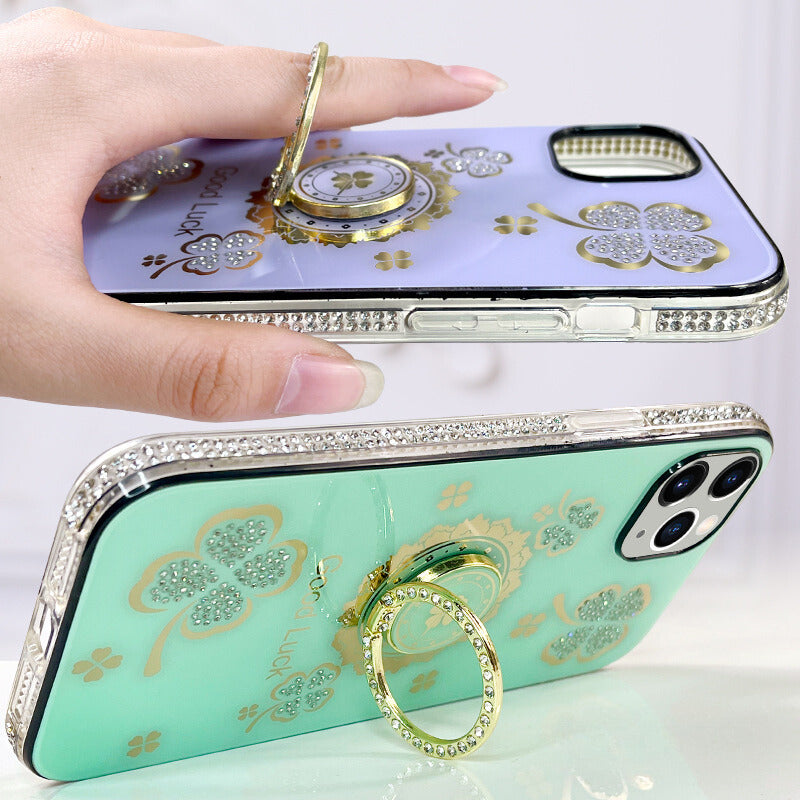 Lucky Clover Ring Stand Case with Diamond Bumper for iPhone 14 Pro Max 6.7