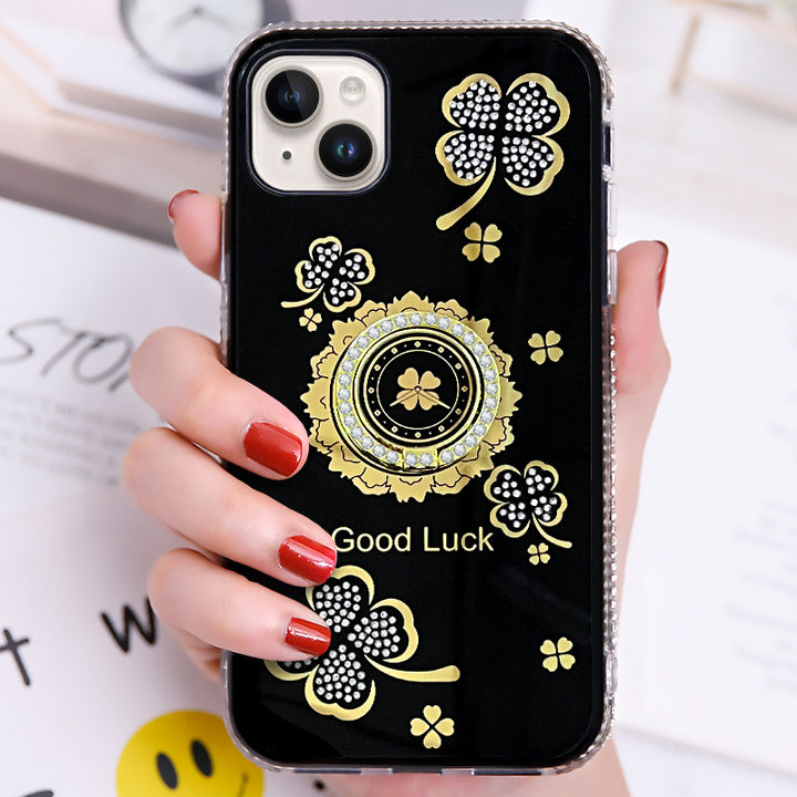 Lucky Clover Ring Stand Case with Diamond Bumper for iPhone 14 Pro Max 6.7