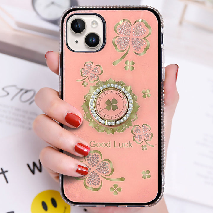 Lucky Clover Ring Stand Case with Diamond Bumper for iPhone 14 Pro Max 6.7