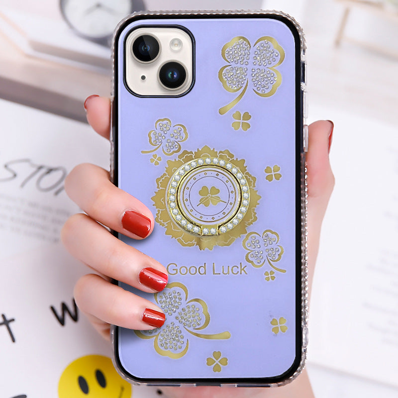 Lucky Clover Ring Stand Case with Diamond Bumper for iPhone 14 Pro Max 6.7