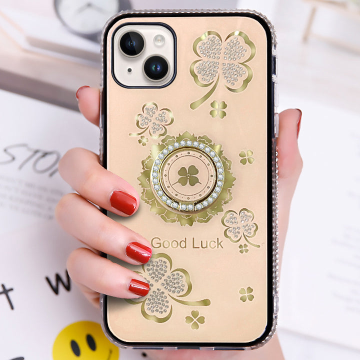 Lucky Clover Ring Stand Case with Diamond Bumper for iPhone 14 Pro Max 6.7