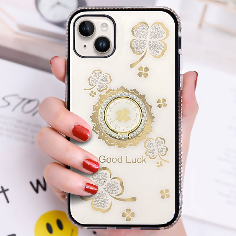 Lucky Clover Ring Stand Case with Diamond Bumper for iPhone 14 Pro Max 6.7