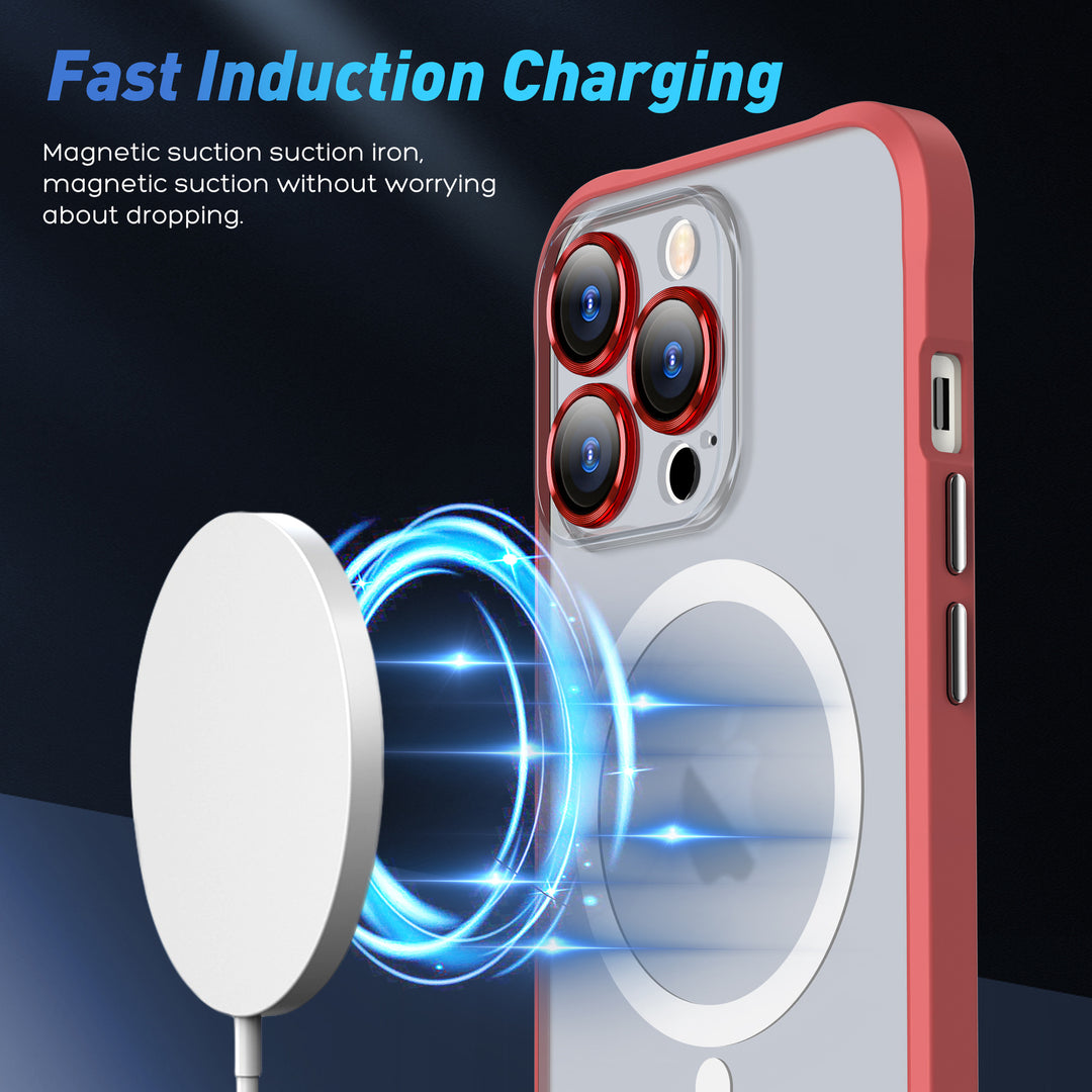 Transparent Slim Matte Chrome Button Magnetic Ring Charging Cover Case – Compatible with iPhone 14 Pro Max [6.7]