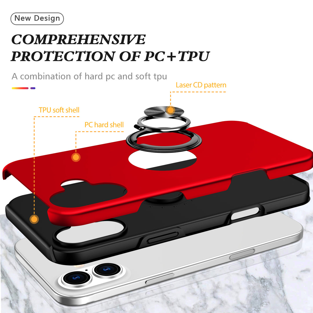 Flat Ring Dual Layer Armor Hybrid Stand Case with Metal Plate, Kickstand & Ring Holder for Heavy Duty Protection – Fits iPhone 16