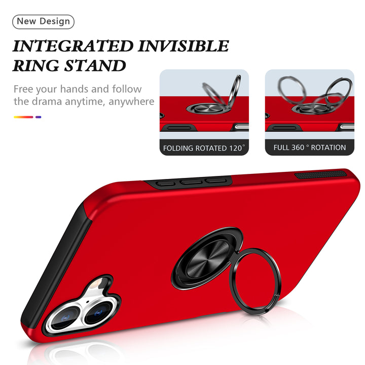 Flat Ring Dual Layer Armor Hybrid Stand Case with Metal Plate, Kickstand & Ring Holder for Heavy Duty Protection – Fits iPhone 16