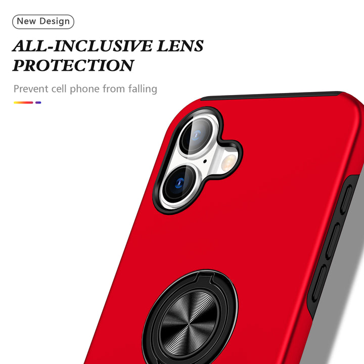 Flat Ring Dual Layer Armor Hybrid Stand Case with Metal Plate, Kickstand & Ring Holder for Heavy Duty Protection – Fits iPhone 16