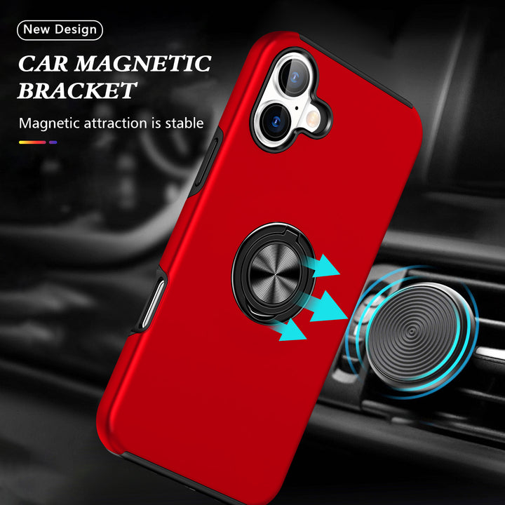 Flat Ring Dual Layer Armor Hybrid Stand Case with Metal Plate, Kickstand & Ring Holder for Heavy Duty Protection – Fits iPhone 16