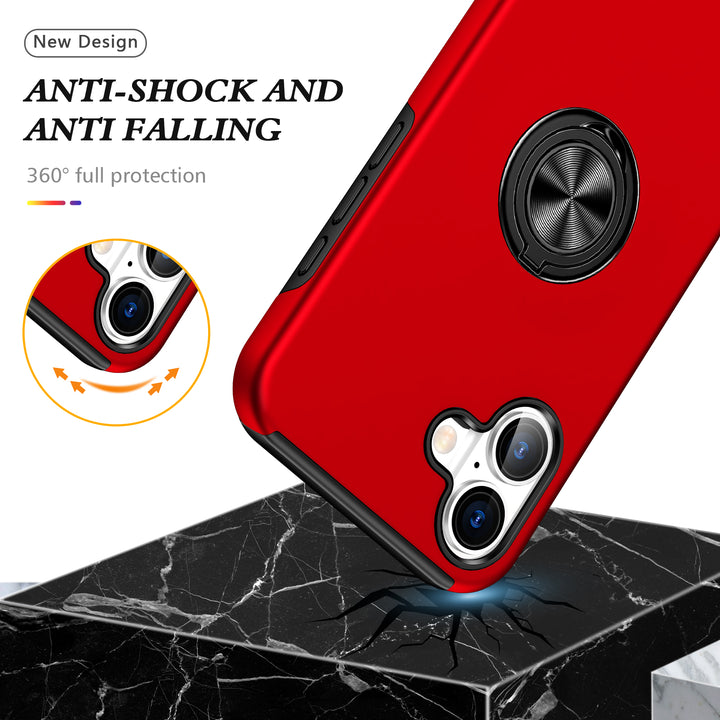 Flat Ring Dual Layer Armor Hybrid Stand Case with Metal Plate, Kickstand & Ring Holder for Heavy Duty Protection – Fits iPhone 16
