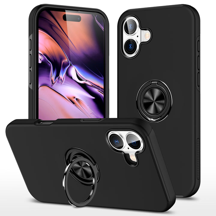 Flat Ring Dual Layer Armor Hybrid Stand Case with Metal Plate, Kickstand & Ring Holder for Heavy Duty Protection – Fits iPhone 16