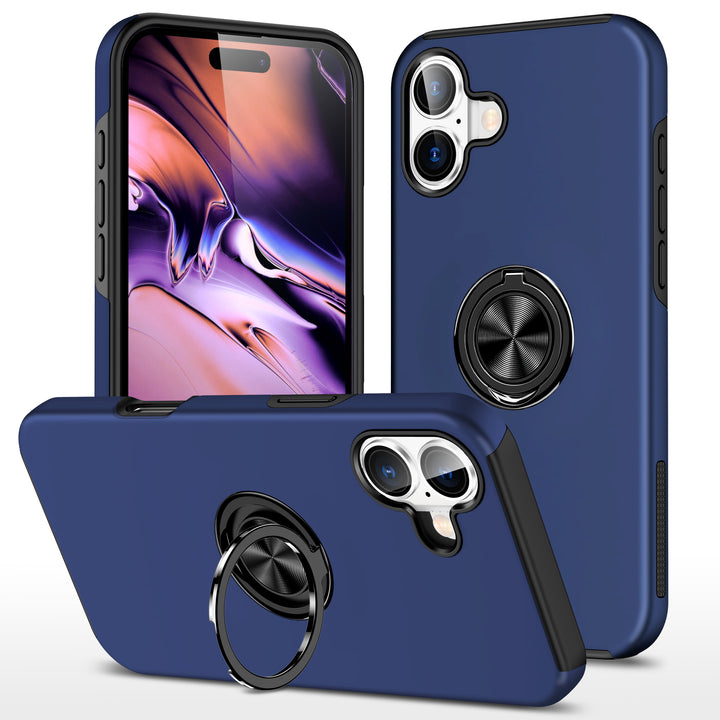 Flat Ring Dual Layer Armor Hybrid Stand Case with Metal Plate, Kickstand & Ring Holder for Heavy Duty Protection – Fits iPhone 16