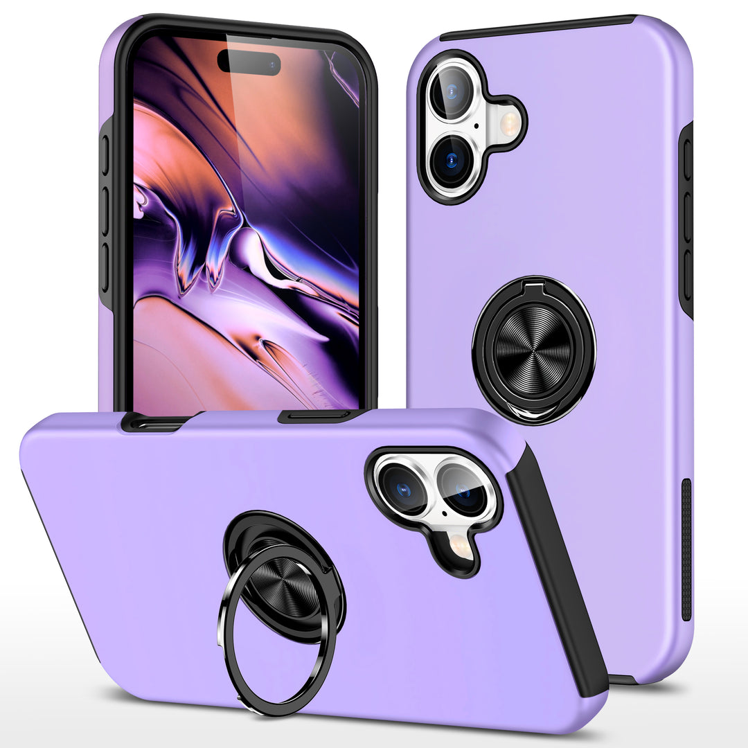 Flat Ring Dual Layer Armor Hybrid Stand Case with Metal Plate, Kickstand & Ring Holder for Heavy Duty Protection – Fits iPhone 16