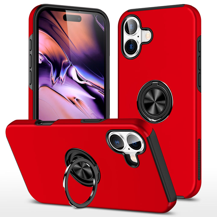 Flat Ring Dual Layer Armor Hybrid Stand Case with Metal Plate, Kickstand & Ring Holder for Heavy Duty Protection – Fits iPhone 16