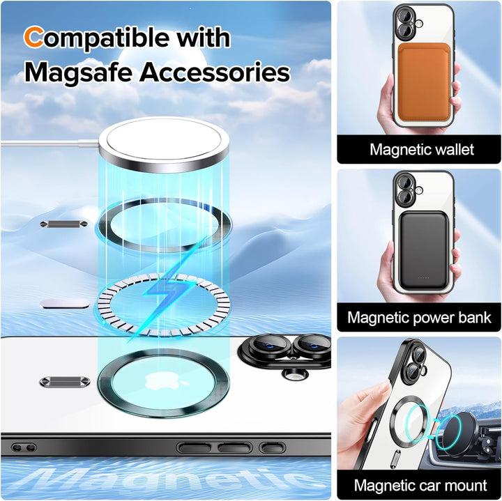 Premium Chrome Design Transparent Magnetic Ring Case with Camera Protection for Apple iPhone 16 – Magsafe Compatible
