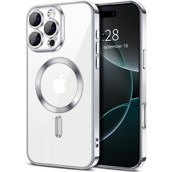Premium Chrome Design Transparent Magnetic Ring Case with Camera Protection for Apple iPhone 16 Pro