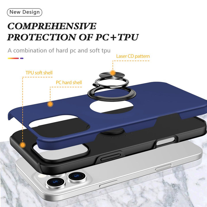 Flat Ring Dual Layer Armor Hybrid Stand Case with Metal Plate for iPhone 16 Pro