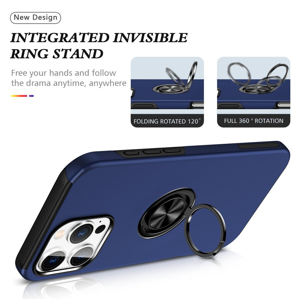 Flat Ring Dual Layer Armor Hybrid Stand Case with Metal Plate for iPhone 16 Pro
