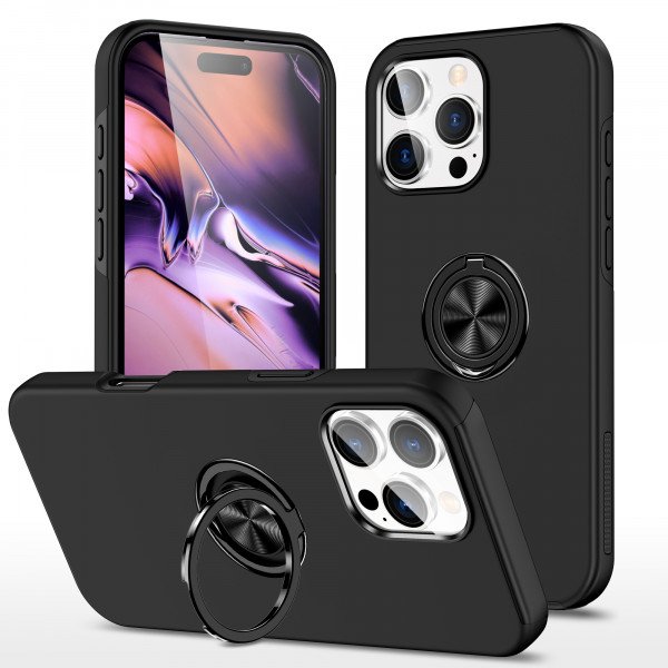 Flat Ring Dual Layer Armor Hybrid Stand Case with Metal Plate for iPhone 16 Pro