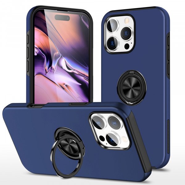 Flat Ring Dual Layer Armor Hybrid Stand Case with Metal Plate for iPhone 16 Pro