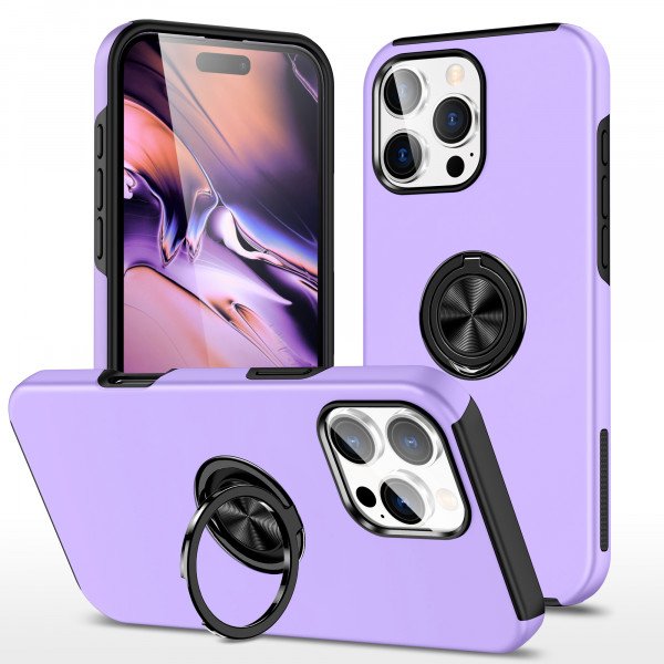 Flat Ring Dual Layer Armor Hybrid Stand Case with Metal Plate for iPhone 16 Pro