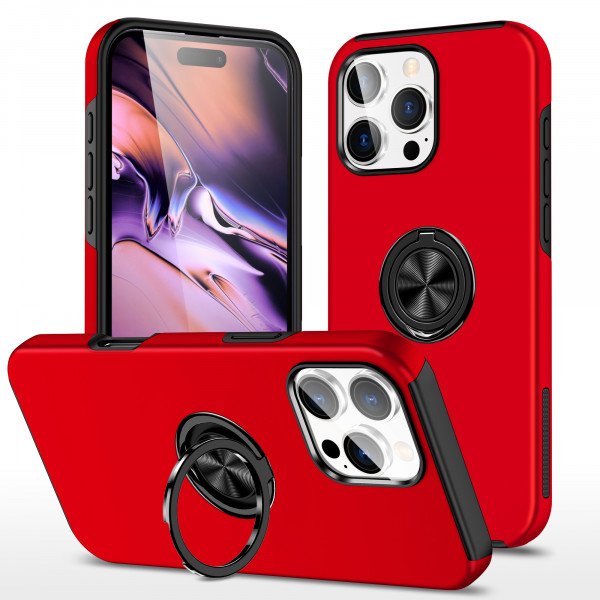 Flat Ring Dual Layer Armor Hybrid Stand Case with Metal Plate for iPhone 16 Pro