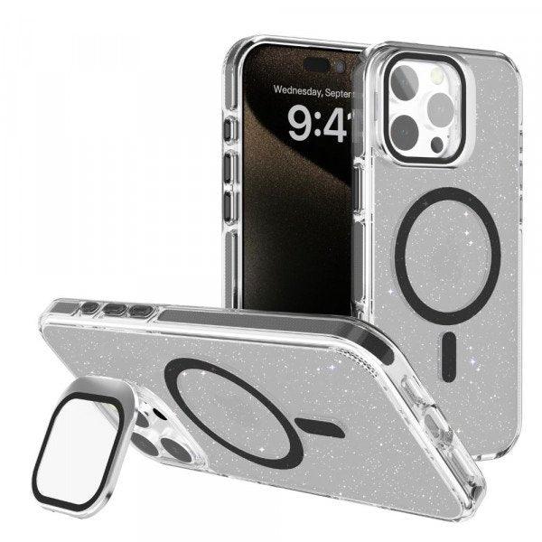 Clear Crystal Glitter Magnetic Case with Camera Protection & Kickstand for iPhone 16 Pro Max