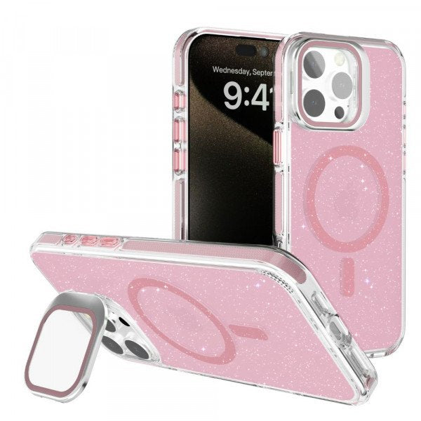 Clear Crystal Glitter Magnetic Case with Camera Protection & Kickstand for iPhone 16 Pro Max